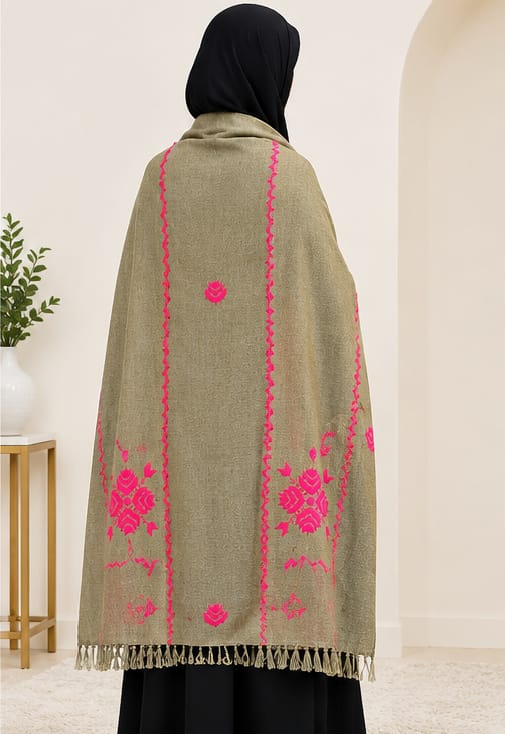 Salampur Pure Wool Shawl – Pink Floral Embroidered