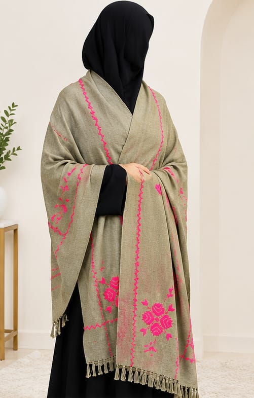 Salampur Pure Wool Shawl – Pink Floral Embroidered