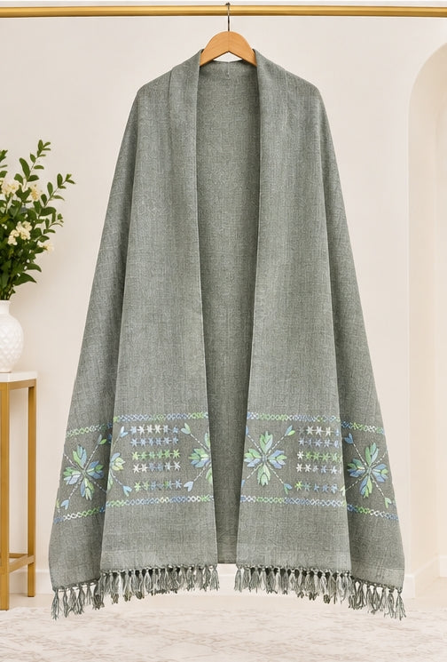 Salampur Pure Wool Shawl – Greenish Floral Embroidered